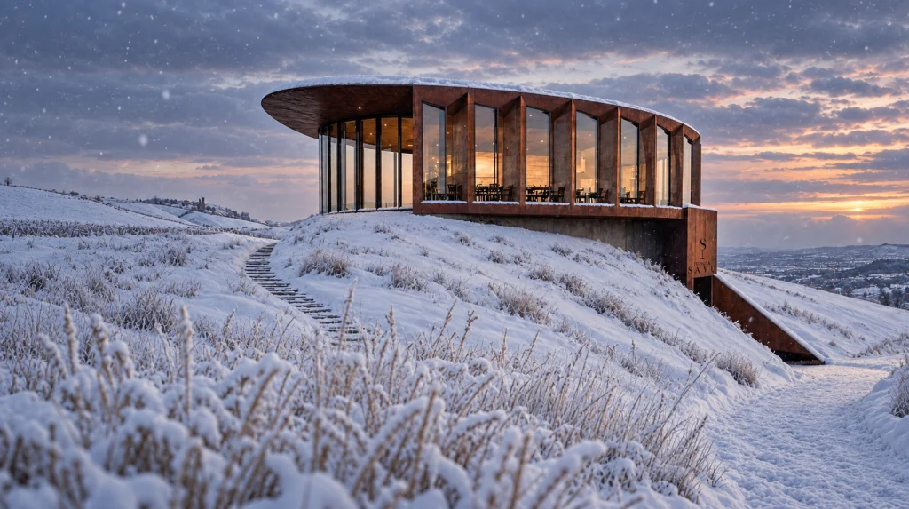 Curved copper-clad building with glowing windows on a snowy hilltop at sunset