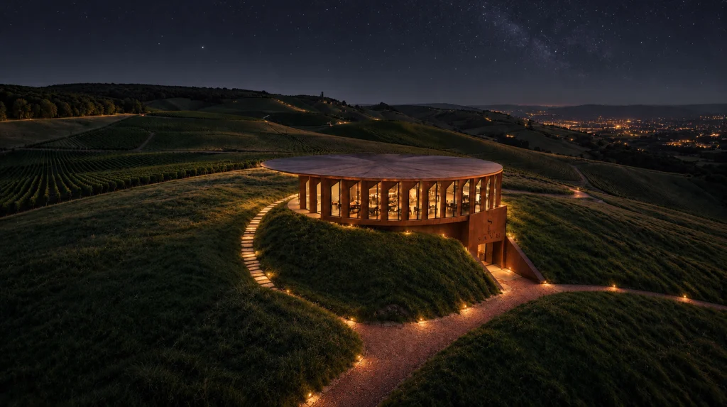 Illuminated circular building with corten-style columns on a grassy hilltop at night, surrounded by vineyards and a starry sky