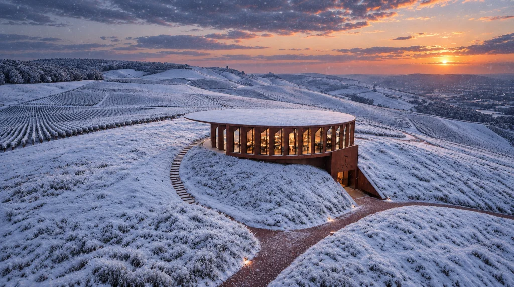 Circular wooden winery building with snow-covered roof on a snowy hillside vineyard at sunset