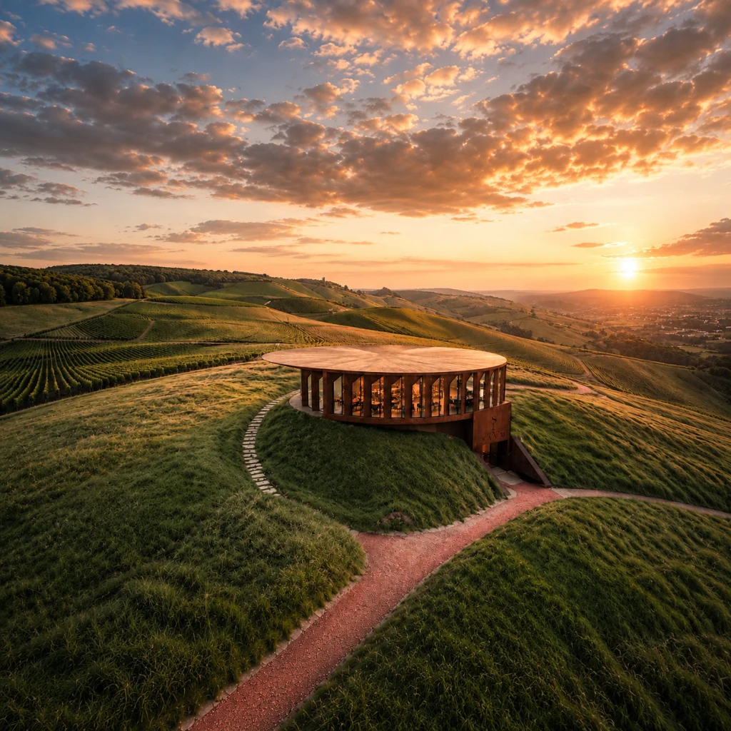 Circular wooden pavilion on a grassy hilltop at sunset, with vineyards and a valley below