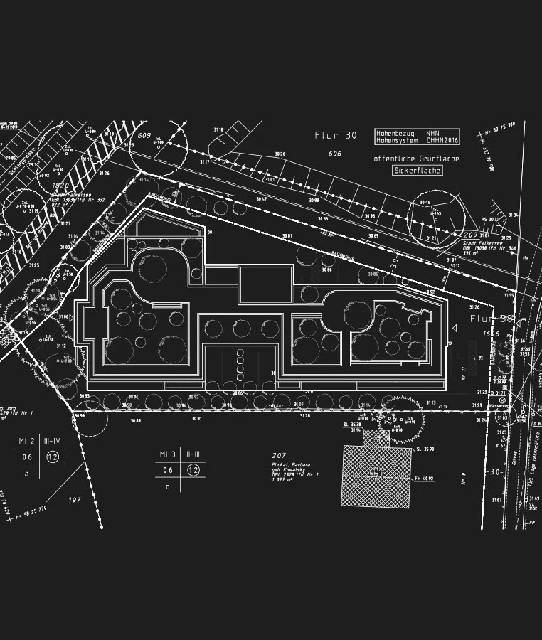 Site plan drawing, white lines on black